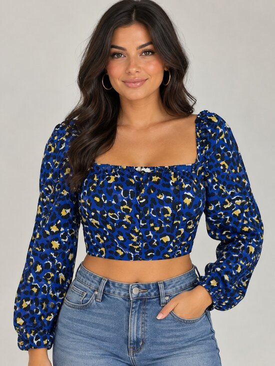 Rahi Tops - Riha Blue Leopard Print Puff Sleeve Crop Top